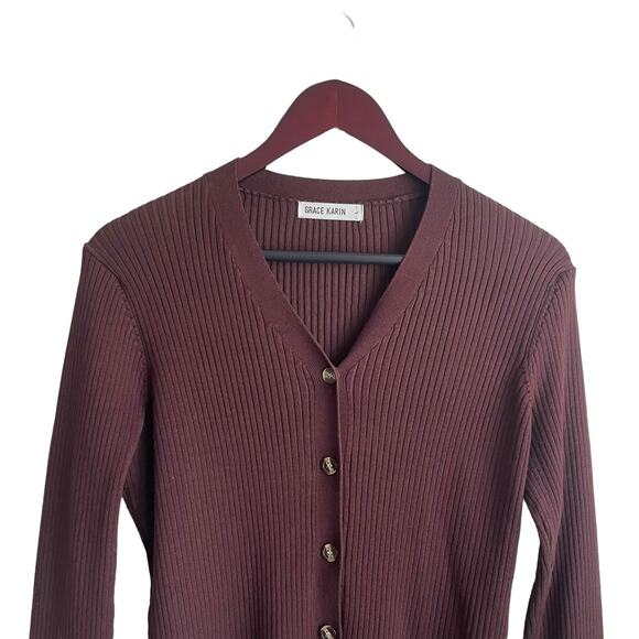 Grace Karin Women Cardigan Sweater L Brown Ribbed Fitted‎ Preppy Academia Office - Picture 9 of 9